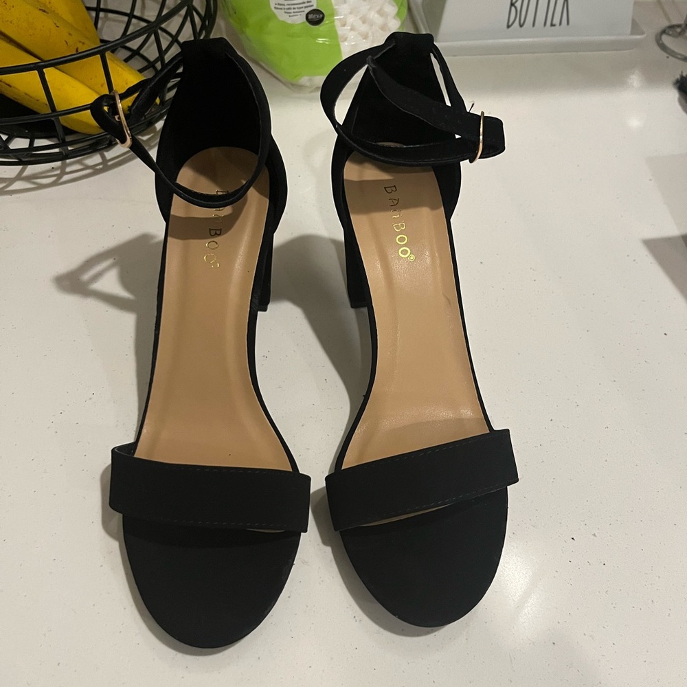 Bamboo Women's Black Ankle Strap Heels
